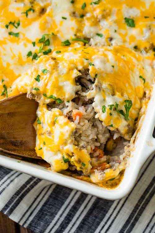 Cheesy Ground Beef And Rice Casserole